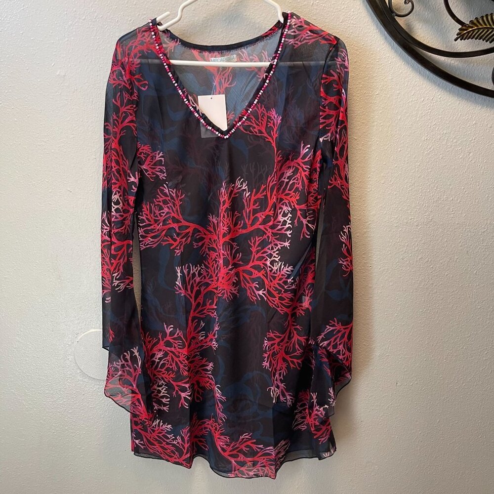 MODAPOSA Coral Print Beaded V-Neck Sheer Tunic  Beach‎ Cover-Up flared sleeves